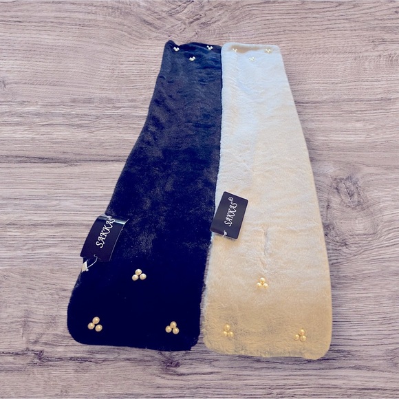 Plush Faux Fur Scarf Pass Thru Tie withh Pearl Embellishment
